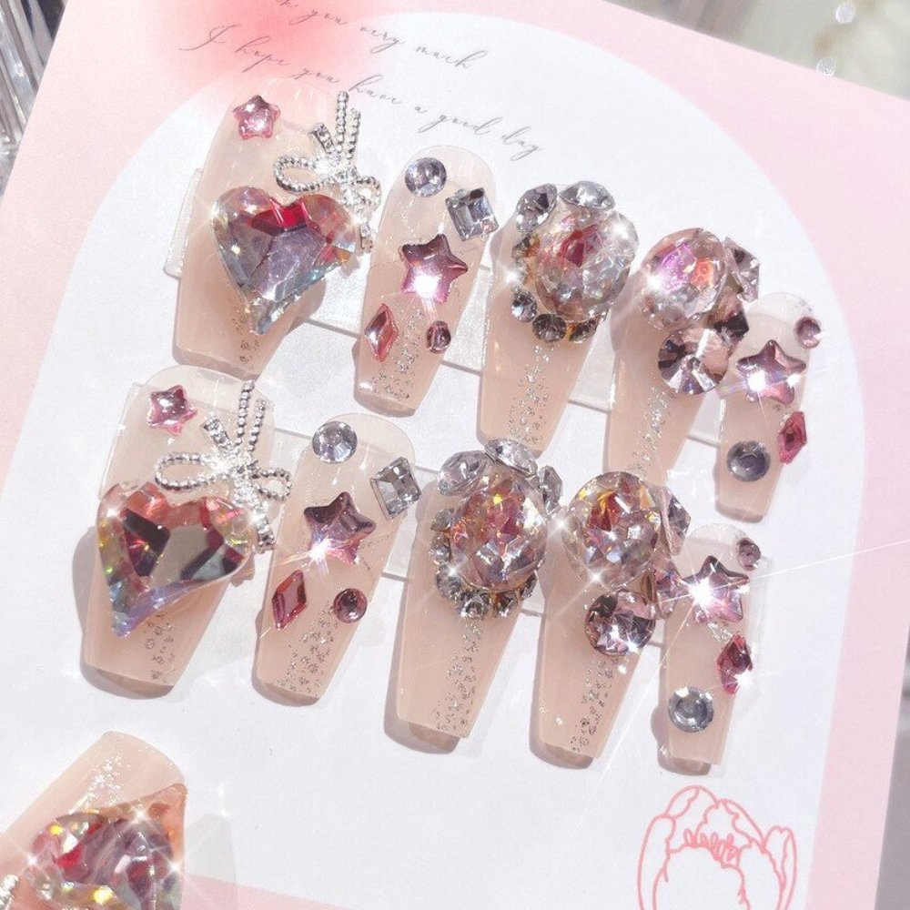 NEW Sparkling Bling Crystal Hearts & Star Glitter Press On False Nails +…